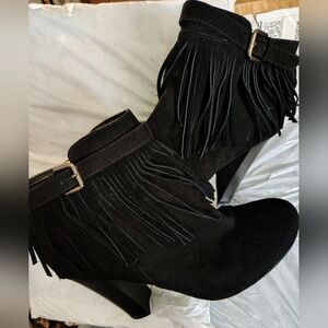 Material Girl Black Suede Fringe Booties